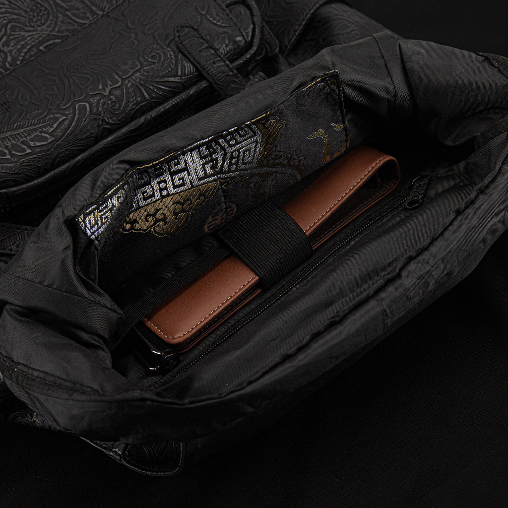 Laptop Backpack with Heavy-Duty Embroidery & Brass Lion-Head Ornament