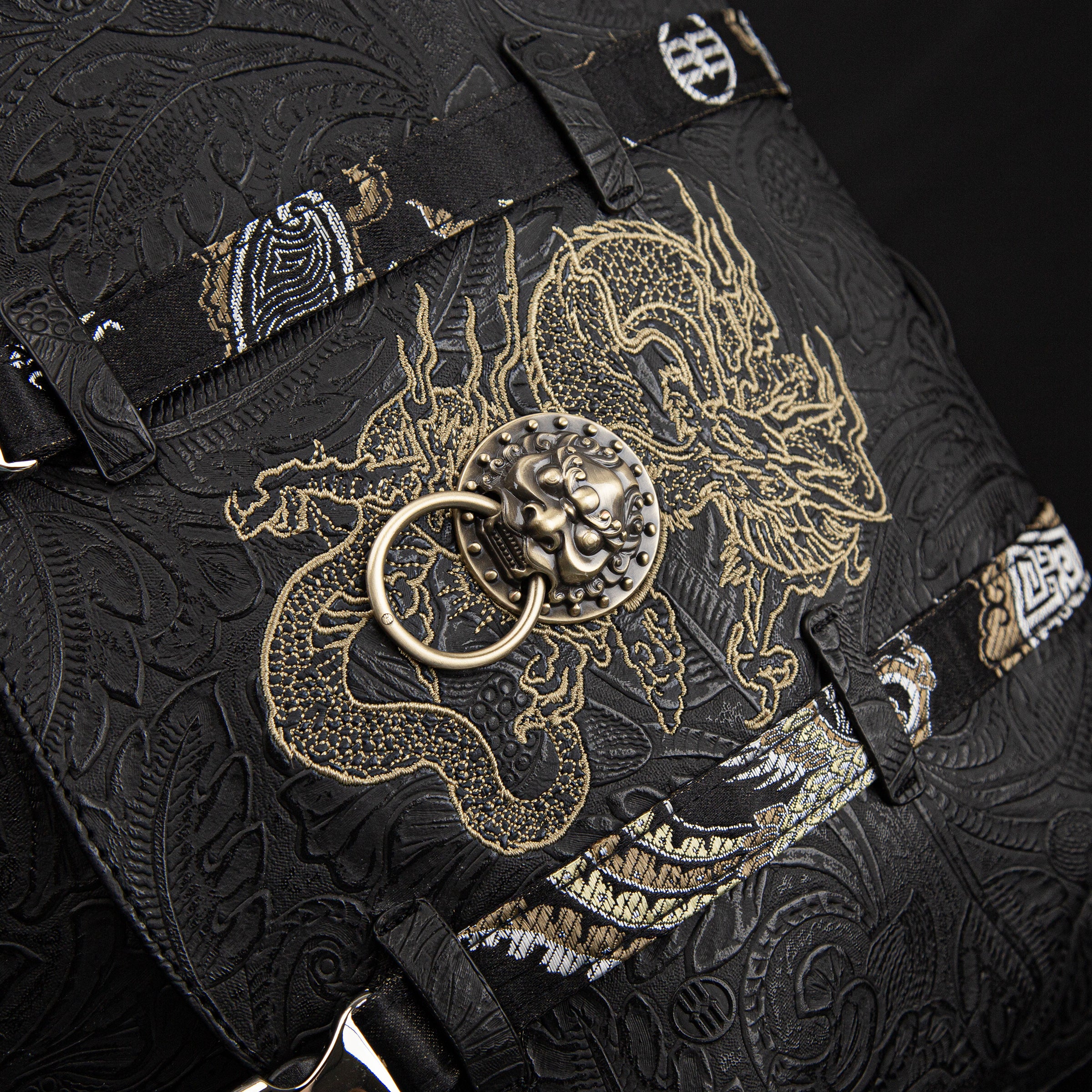 Laptop Backpack with Heavy-Duty Embroidery & Brass Lion-Head Ornament